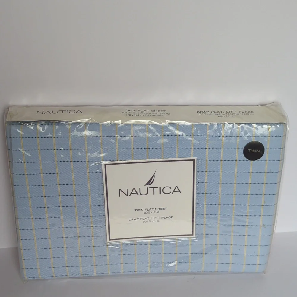 Nautical Sheet Twin Flat 100% Cotton Blue Windowpane 210 Thread Count NEW